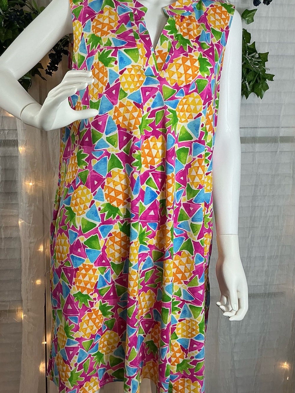 Sleeveless Midi Dress in Pink, Yellow & Green Pineapple Print w/pockets